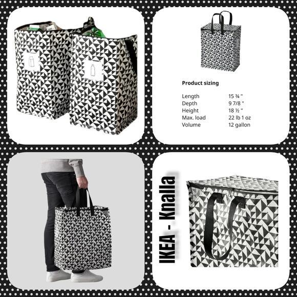 IKEA - KNALLA Two (2) Tote Bags 12 Gal Black & White Geometric Storage Bag Zip - Picture 2 of 10
